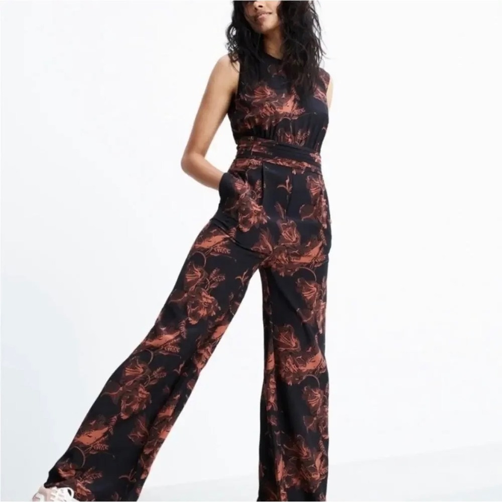 Madewell Isabella Silk Floral Jumpsuit Women Size 4 Black Burgundy Coquette Girl
